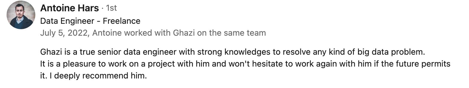 Antoine LinkedIn Recommendation Screenshot