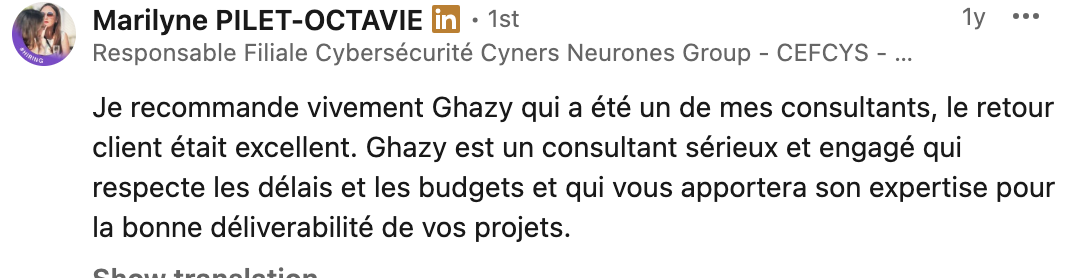 Marilyne LinkedIn Recommendation Screenshot